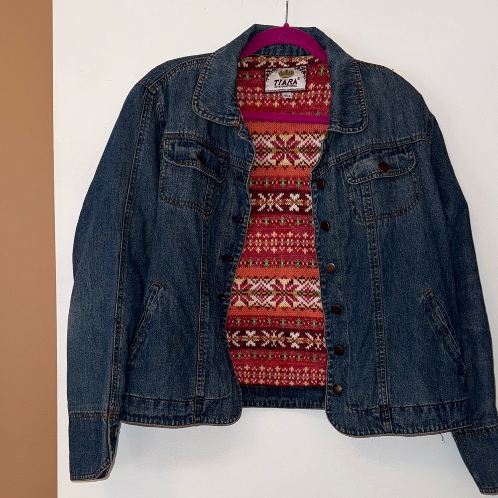 Tiara Blue Denim Jacket with Red Patterned Lining